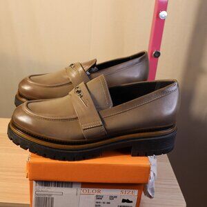 NEW Miz Mooz DAMIAN‎ 39 Leather Loafers Platform Lug STUDDED CHUNKY TAUPE 8.5-9